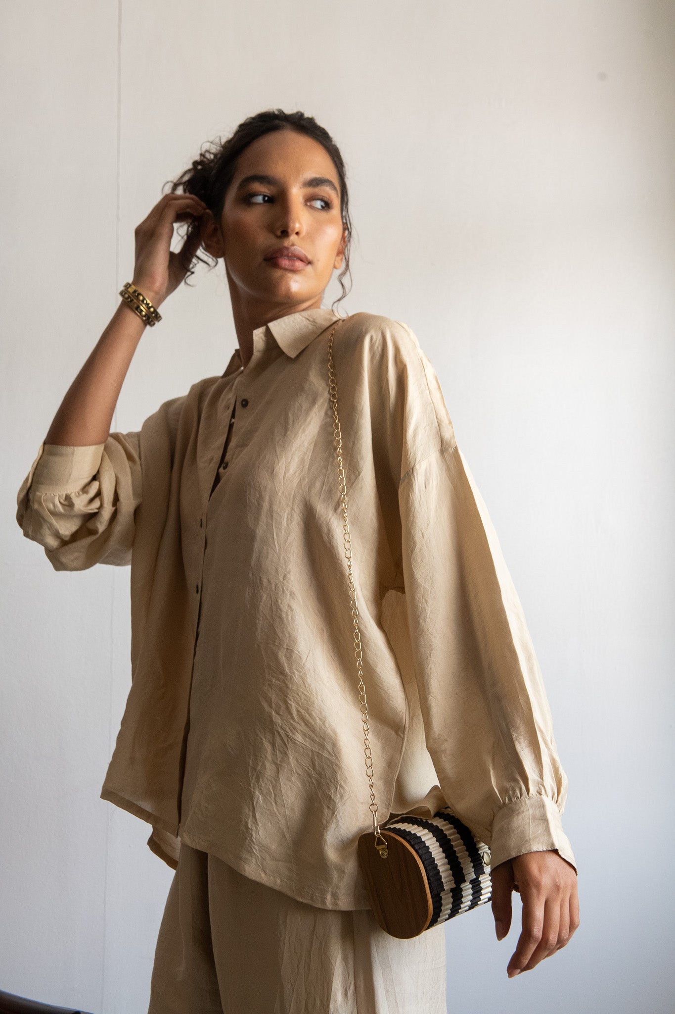 Ivory Silk Shirt & Contrast Clutch Set – Minimal Luxe Bundle